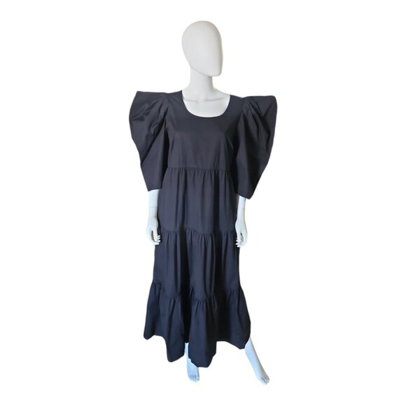 SEA NEW YORK | Puff Sleeve Multi Tier Black Midi Dress in Size Large - Picture 2 of 8